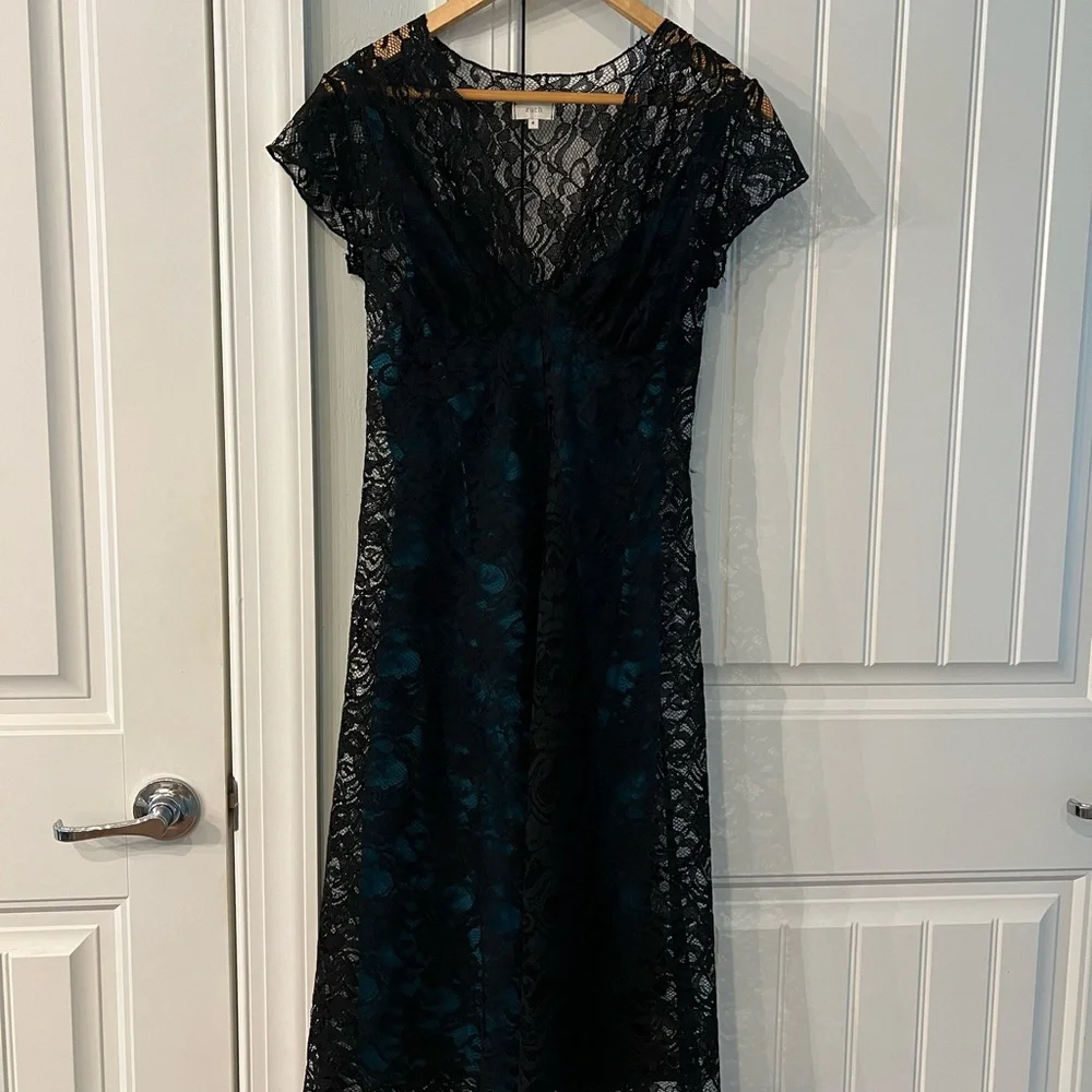 Ruth Anthropologie Elegant Black Teal Lace Silk Slip Dress Size 4 - Picture 2 of 12